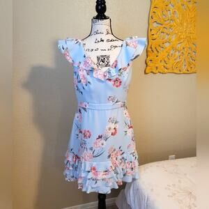 Forever New Powder Blue Floral Print Ruffle Trim Dress, Size 8